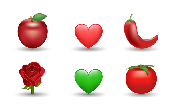 苹果，辣椒，红玫瑰，红绿心，番茄矢量表情插图图片下载