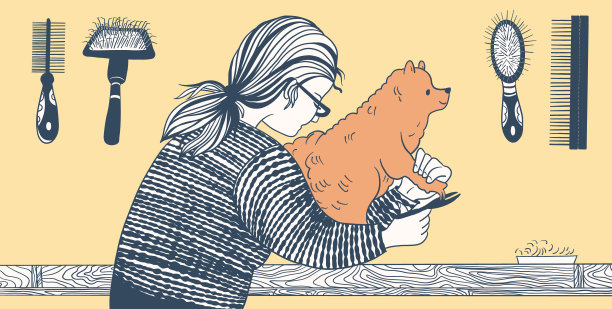 一位女士正在给她的狗梳理毛发。图片下载