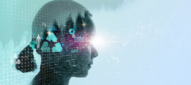 女性思考虚拟现代计算机生态学和可再生能源减少二氧化碳排放碳足迹气候变化限制全球变暖。可持续发展创新绿色经营理念。图片下载