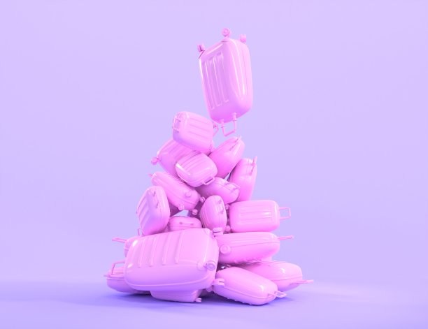 在紫色背景上堆粉红色单色手提箱，3d渲染。夏季旅行或假期旅行的大堆行李袋。大山包，旅游构图或艺术品。旅游的概念图片下载