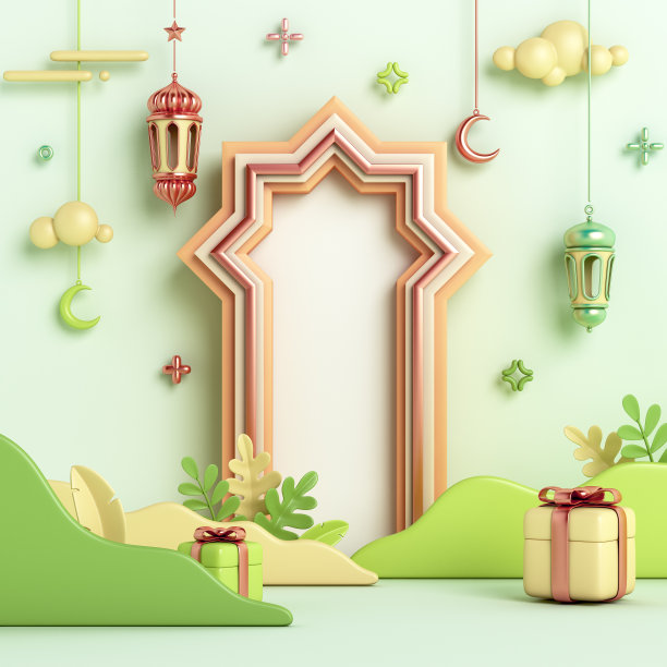 伊斯兰装饰背景灯笼，新月，窗户，礼盒，叶卡通风格，斋月卡里姆，mawlid，开斋饭，isra miraj，开斋节，穆哈兰，拷贝空间，3D插图。图片下载