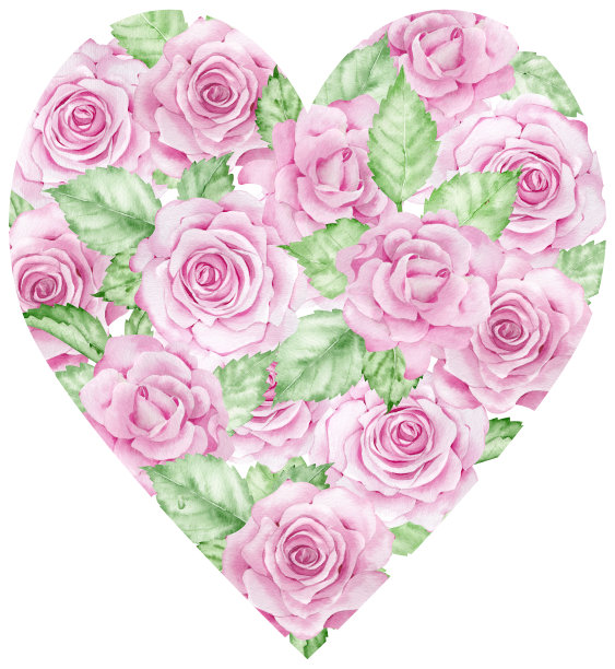 情人节说明。由粉红色的玫瑰和绿色的叶子做成的水彩心。婚礼花的心。图片下载