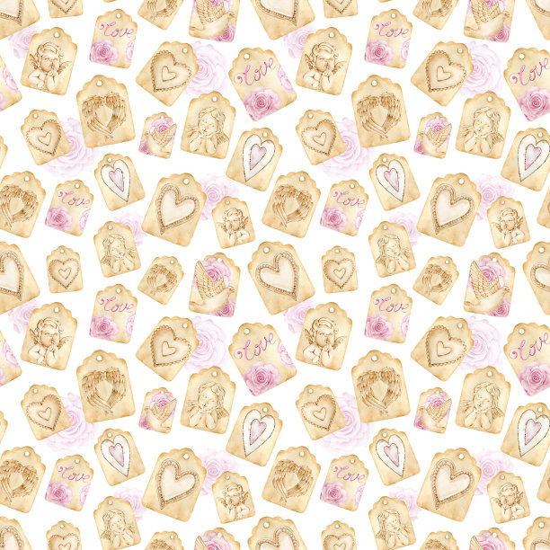 水彩棕色纸爱标签无缝图案上的白色背景。标签上有天使，翅膀，心形和玫瑰。图片下载