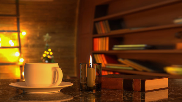 大理石桌子上的一本书点燃了蜡烛和一杯咖啡。三维渲染图片下载