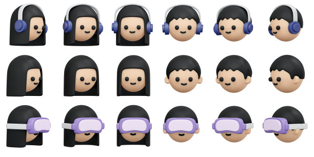 3D渲染收集白种人男性和女性的脸旋转在许多视图动画与VR元宇宙眼镜和耳机隔离在白色背景。3D渲染插图卡通风格。图片下载