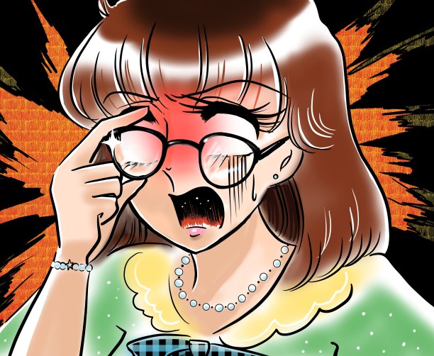 一幅70年代少女漫画风格的插图，画的是一个戴着眼镜的女权主义女性对某人生气图片下载