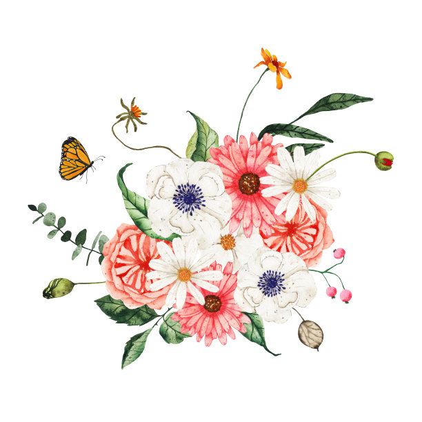 水彩夏季野生花束与绿色植物叶子孤立在白色背景。花春天花插画婚礼邀请保存日期卡图片下载