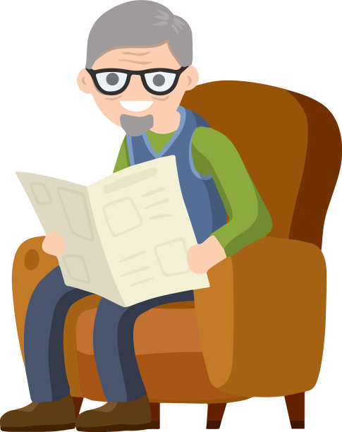 老人坐在棕色的椅子上看报纸图片下载