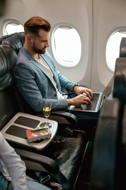 大胡子男子在飞机上使用手提电脑图片下载