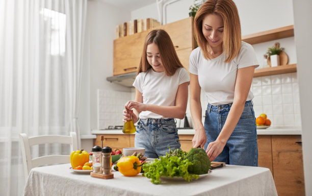 母亲和十几岁的女孩一起在厨房做饭图片下载