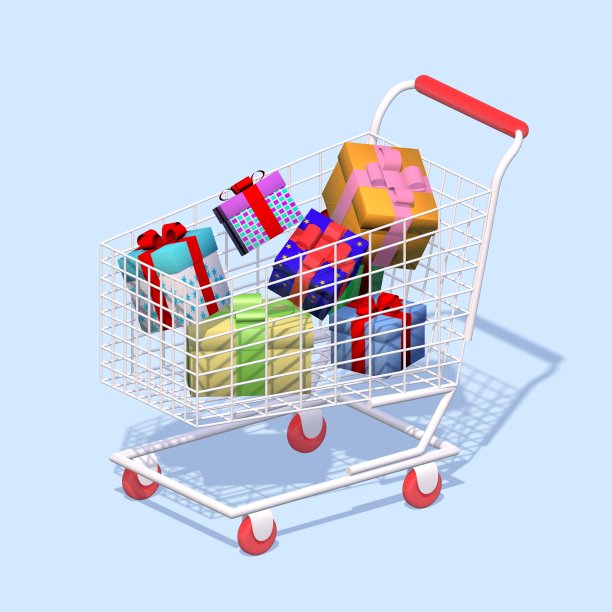白色的购物车里装满了礼品盒。圣诞购物及购物概念。准备节日，买礼物。网上购物，为网上商店。图片下载