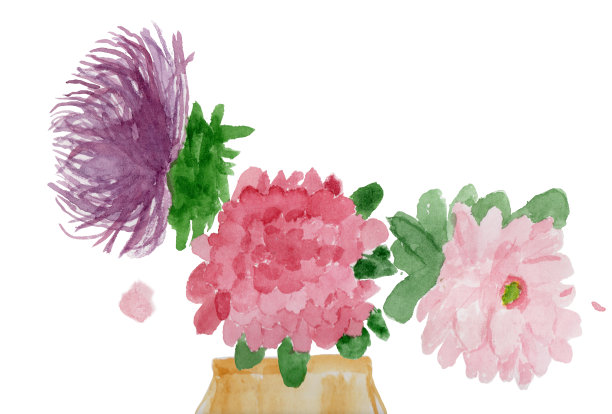 水彩插图，可爱的花束粉红色和紫色牡丹花，叶子和花瓶孤立在白色的背景上。彩色小册子封面，贺卡，婚礼请柬图片下载