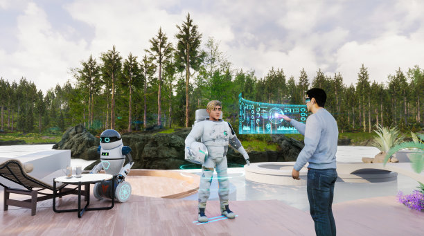 男子使用虚拟现实护目镜定制他的角色与太空服，元宇宙概念，3d渲染图片下载