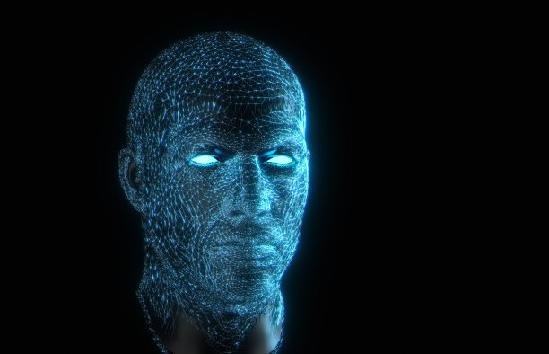 蓝色片段抽象人的头部和面部，三维渲染半机械人头部结构，人工智能概念。图片下载