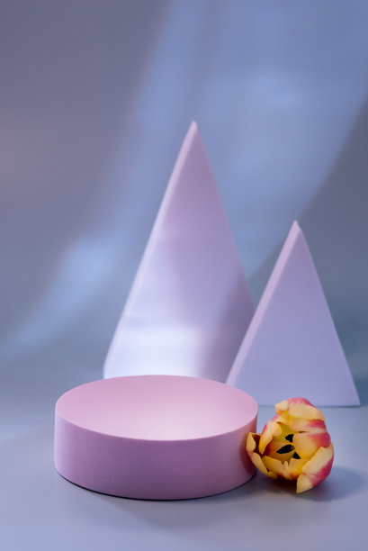 摘要最小场景空舞台与白色和粉红色的讲台上蓝色背景红色郁金香花阴影蓝色色调的照片底座化妆品产品模型垂直图片下载