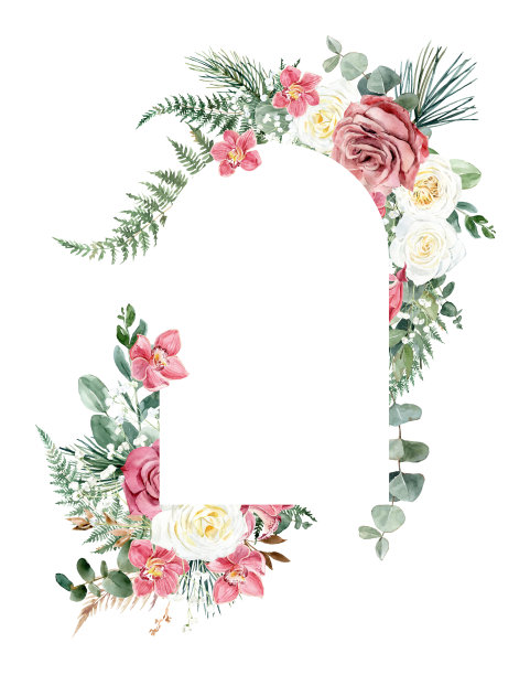 水彩边框的花，玫瑰花束。为婚礼请柬，贺卡，明信片的设计插图。图片下载