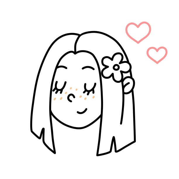 手绘线卡通可爱的微笑女孩的脸与雀斑，花和粉红色的心。图片下载