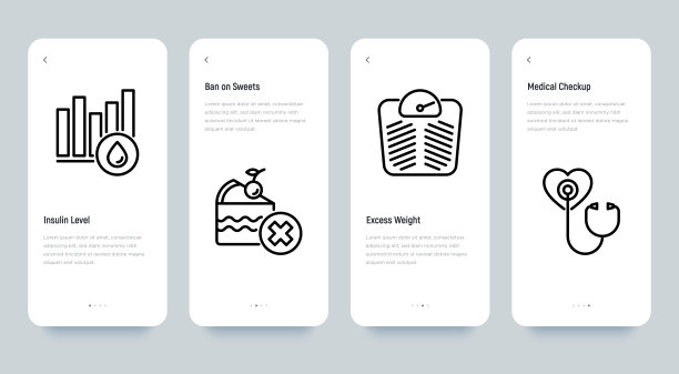糖尿病细线图标设置:血液测试，胰岛素水平，胰岛素笔，禁止甜食，体重超标，医疗检查，肥胖。像素完美，可编辑的描边。矢量插图。图片下载