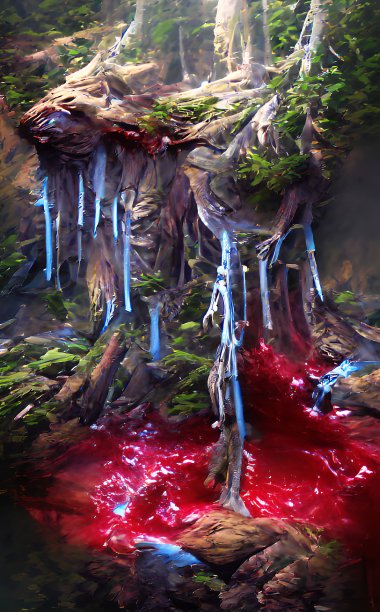 奇幻的凯尔特森林血腥瀑布。混合抽象风格的超现实主义油画。用画笔画画。岩石上的绿草。艺术品草图。游戏背景。封面及海报图片下载