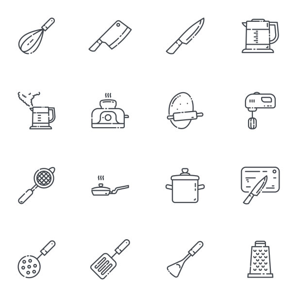 一组矢量线图标的厨房用具，烹饪工具和设备图片下载