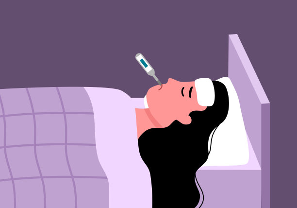 一个发烧的女人躺在床上，嘴里叼着体温计。女性感冒或流感的平面设计。季节过敏。图片下载