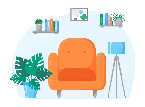 客厅内部有橙色的椅子，花盆里的家庭植物，桌子和书架。甜蜜的家插图。平风格向量图片下载