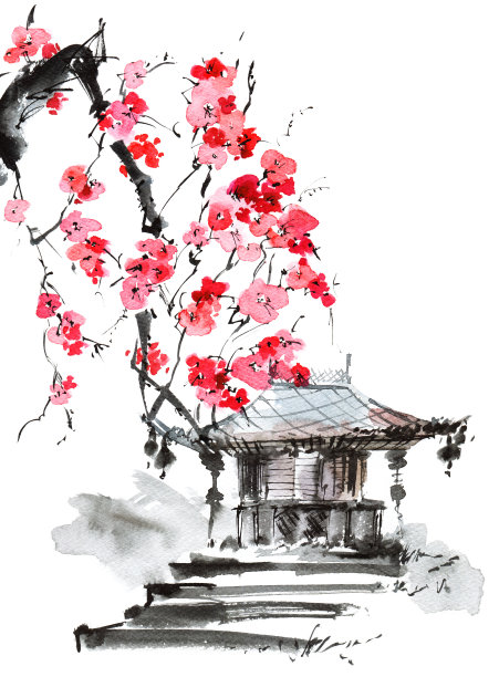 水彩塔和花树图片下载