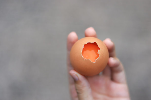 女性的手拿着自制的鸡蛋，在模糊的背景上有洞。图片下载