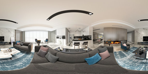 360度现代生活和餐厅。3D渲染。图片下载