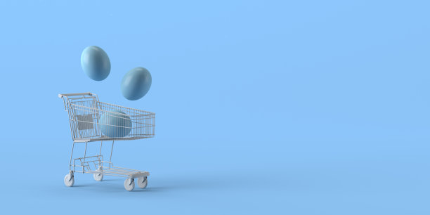 装有复活节彩蛋的购物车。复活节大减价和购物。3 d演示。副本的空间。图片下载