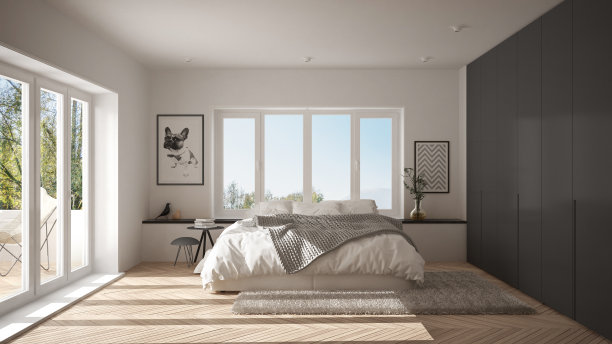 斯堪的纳维亚白色和灰色简约卧室，全景窗，毛皮地毯和人字拼花地板，现代建筑室内设计图片下载