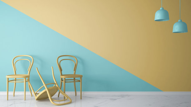 极简主义的建筑师设计师概念与三把经典的彩色椅子，一把椅子变成紫色在蓝色和黄色的背景和大理石地板，客厅室内设计与复制空间图片下载