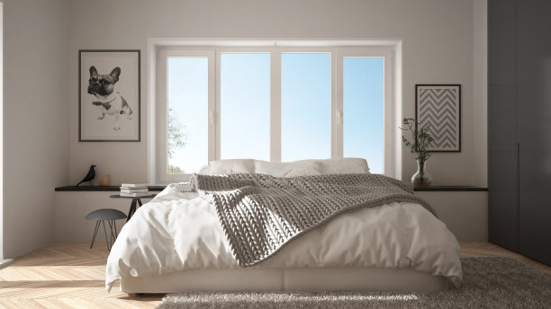 斯堪的纳维亚白色和灰色简约卧室，全景窗，毛皮地毯和人字拼花地板，现代建筑室内设计图片下载