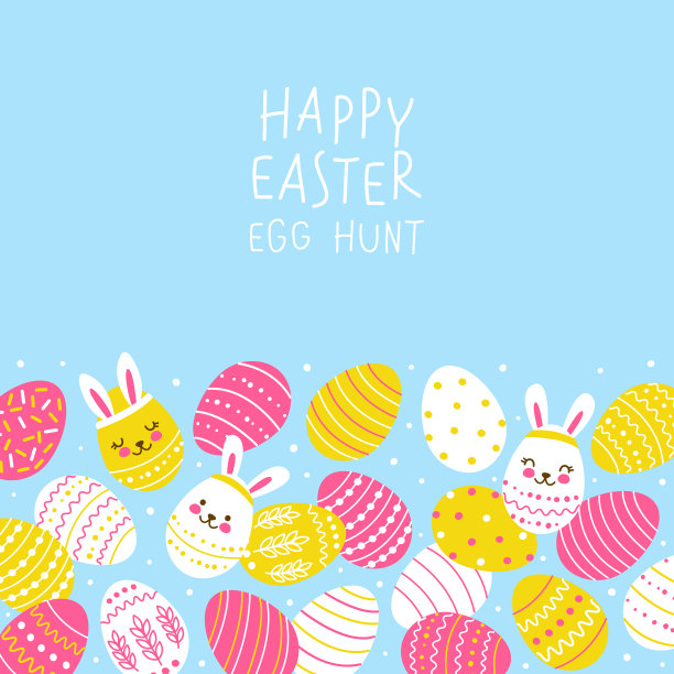 水平边框与可爱的装饰鸡蛋-卡通贺卡快乐复活节设计图片下载