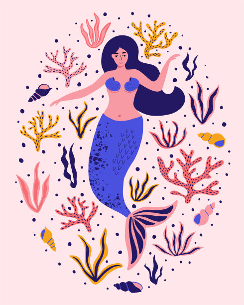 可爱的美人鱼带着海藻，珊瑚，贝壳。美妙的夏季背景纺织品，t恤，贺卡和更多。手绘矢量插图。图片下载