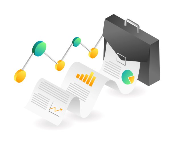 平面等距插图着陆页概念。商务袋内的分析数据图片下载