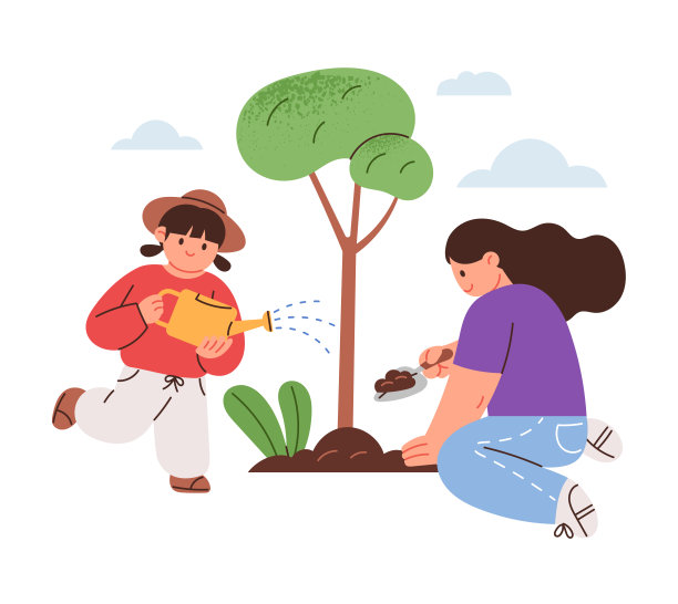 妈妈和女儿在种树和浇水。图片下载