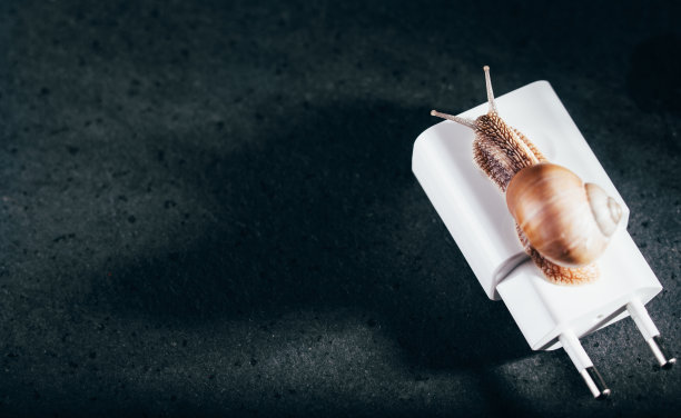 蜗牛在一个白色的电源适配器上。缓慢的手机充电。旧的电源。铭文下面的地方黑色背景。图片下载