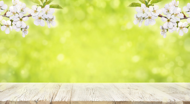 春天开花的背景上的木桌图片下载