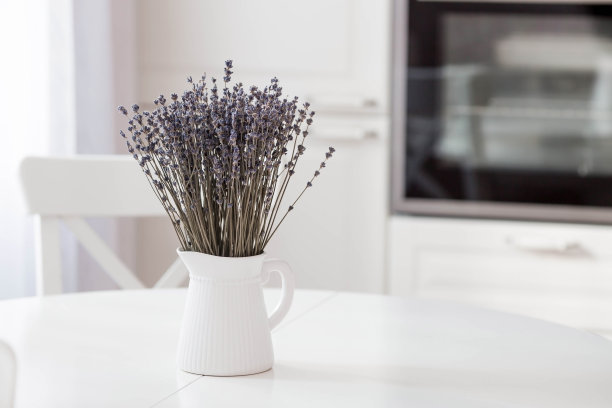 普罗旺斯。桌上的白色陶罐里放着一束漂亮的薰衣草。背景是现代白色斯堪的纳维亚风格厨房的内部。家居舒适的概念。图片下载