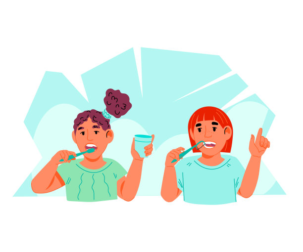 孩子们注意自己的牙齿健康和卫生，扁平卡通病媒隔离。图片下载