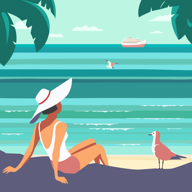 女性在海边沙滩旅游海报上放松图片下载