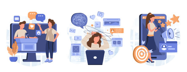 个人品牌、公众演讲者简介、数字过载和倦怠、社交媒体博客、专家声誉抽象隐喻。依赖小工具的生活抽象概念向量插图集。图片下载