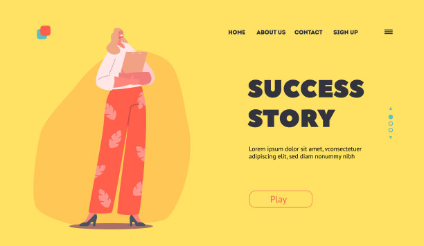 成功故事登陆页面模板。优雅的女商人，穿着休闲服装，手里拿着剪贴板。女性角色图片下载