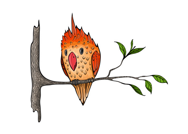 红色的小鸟坐在树枝上的卡通风格图片下载