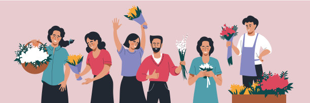 人们用鲜花。女人和男人捧着花束。集。图片下载