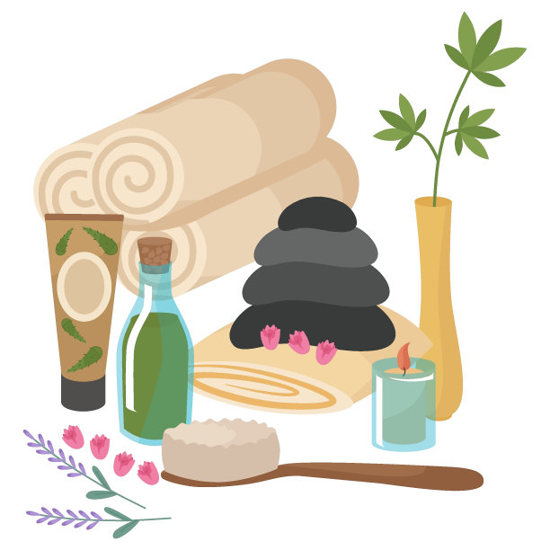 剪纸为水疗治疗的脸和身体。毛巾、化妆品、干花、芦荟护肤霜。蜡烛，刷子，油，瓶子和管子里的乳液。矢量插图孤立。图片下载