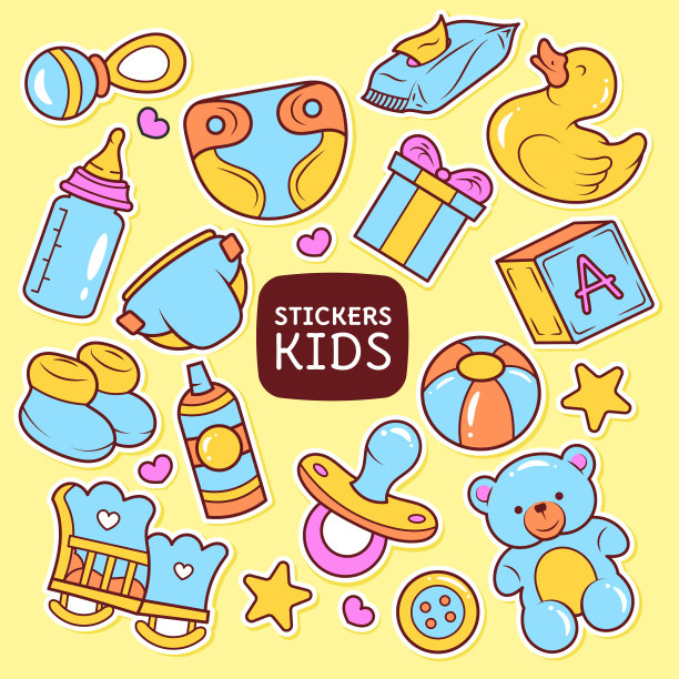 儿童玩具的一组元素。泰迪熊,包,多维数据集。白色背景上孤立的涂鸦。图片下载