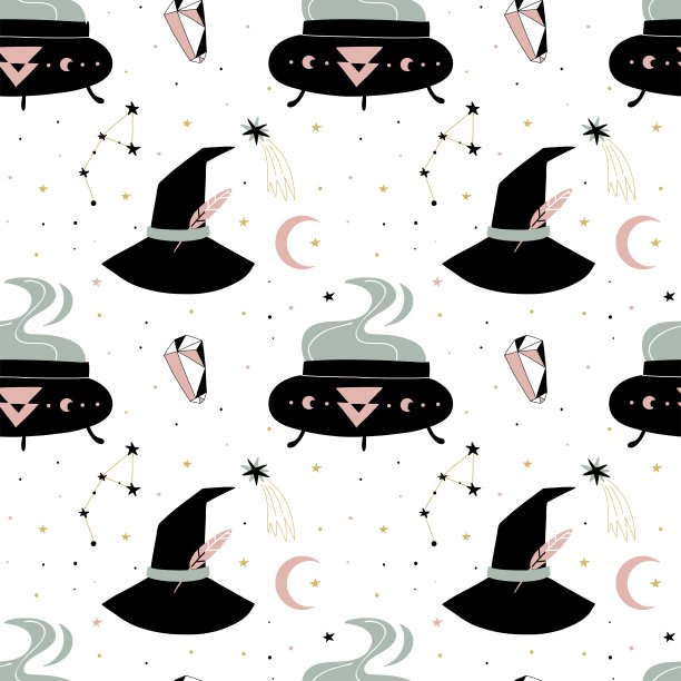 魔法无缝模式。波西米亚秘传天象，巫女孤物。手绘涂鸦魔术师纺织品。帽子，坩埚和水晶元素。墙纸和织物，白色矢量背景图片下载