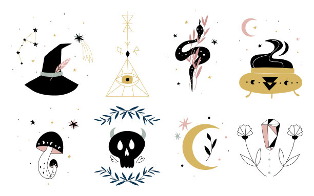 神奇的作品。波西米亚秘传和天上的印花，女巫的物件。手绘涂鸦魔术师徽章，帽子，坩埚和头骨。完美的纹身，纺织品，卡片和贴纸，矢量孤立设置图片下载